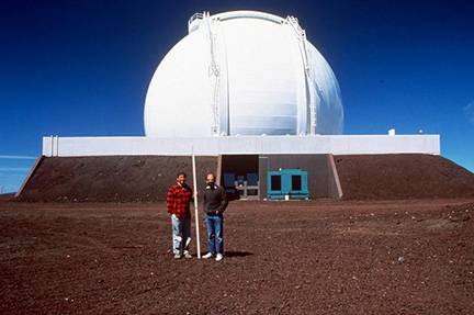 Jerry Nelson (left) with Terry Mast in front of the Keck I dome.