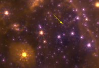 Narrow-field image of the Galactic Center. The arrow marks the location of radio source Sge A*, a supermassive black hole at the center of our galaxy. - W. M. Keck Observatory/UCLA
