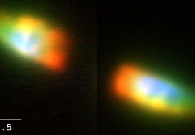 This high-resolution, false-color image of the dying star IRAS16342-3814 is a combination of three images, one taken with the HST (shown in blue) at visible wavelength (0.6 µm) and two taken with Keck AO in the near-infrared at 2.1 µm (shown in green) and 3.8 µm (shown in red). - David Le Mignant (W. M. Keck Observatory)