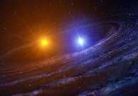 Artist concept of the RS Ophiuchi binary system shortly after a white dwarf (right) has exploded as a nova. Scientists have detected dust in the system, depicted here as spiral dust lanes. - Casey Reed