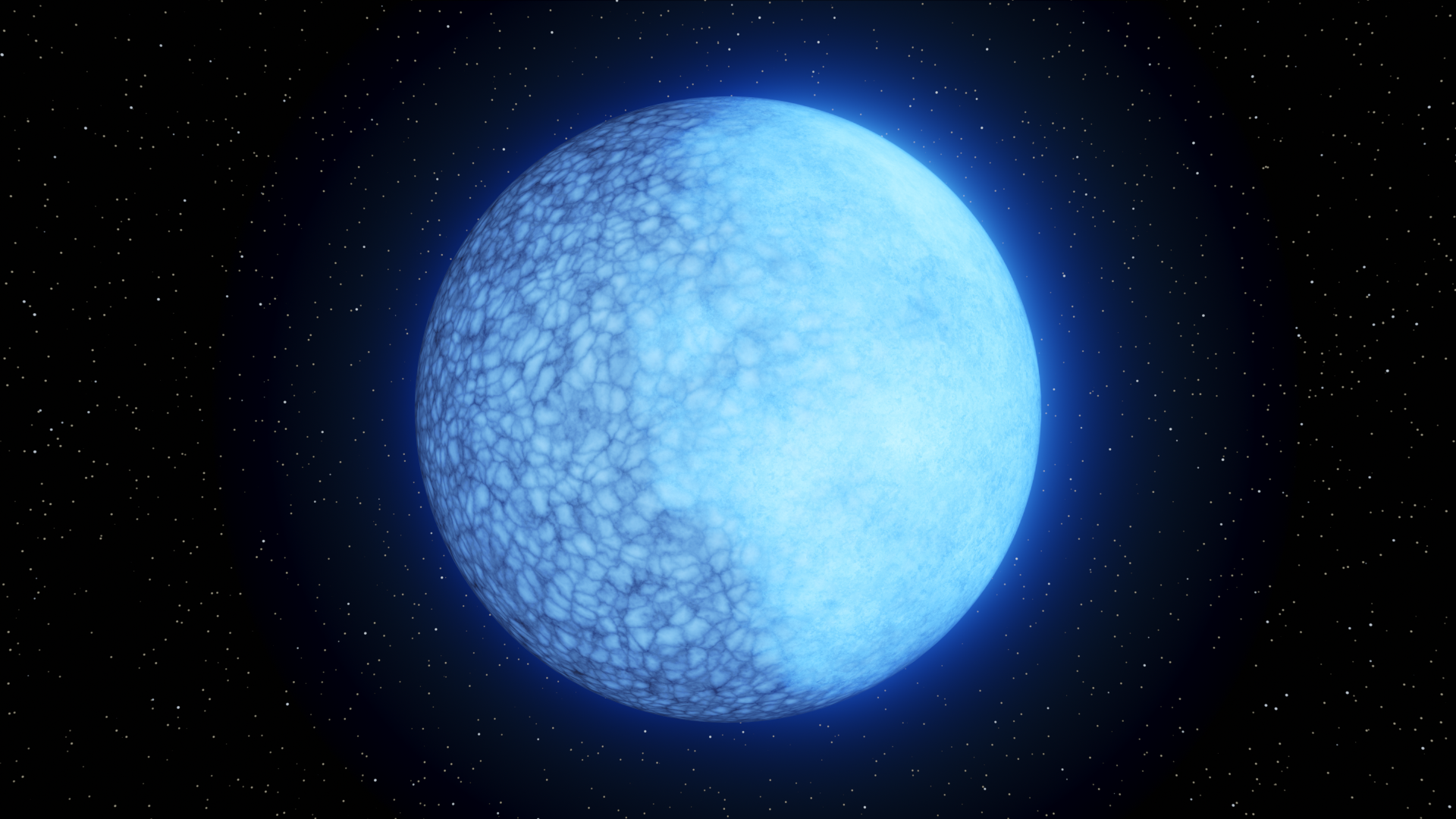 artist’s rendition of janus, the blue-tinted dead cinder of a star that is composed primarily of hydrogen on one side and helium on the other (the hydrogen side appears brighter). the peculiar double-faced nature of this white dwarf star might be due to the interplay of magnetic fields and convection, or a mixing of materials. on the helium side, which appears bubbly, convection has destroyed the thin hydrogen layer on the surface and brought up the helium underneath. Image credit: K. Miller, Caltech/IPAC
